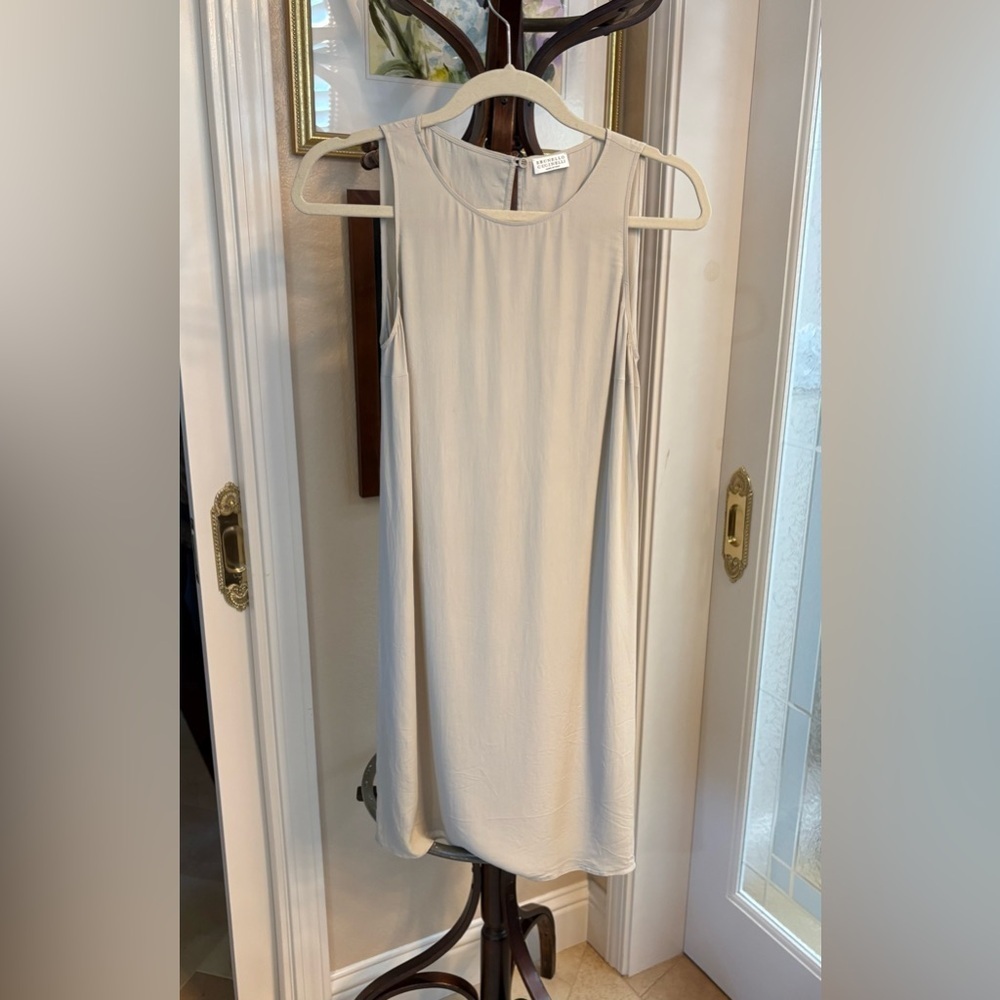 GUC Brunello Cucinelli-Acetate & Silk Elegant Light Tan Sleeveless Dress. Size M